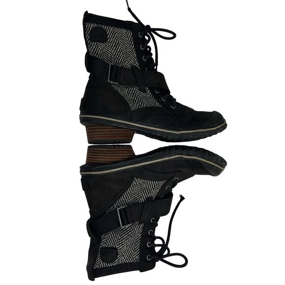 Sorel Slimboot Lace Herringbone Waterproof Boot Black Gray Stacked Heel Size 9 - Picture 3 of 12
